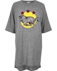 River Island Grey Marl Leopard Print Oversized T Shirt