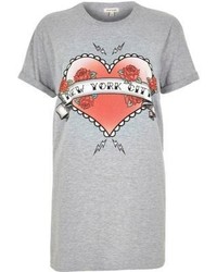 River Island Grey Nyc Heart Print Boyfriend T Shirt
