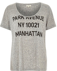 River Island Grey Park Avenue Print Low Scoop Neck T Shirt