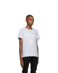 Balmain Grey Print Logo T Shirt
