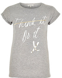 River Island Grey Printed Slogan Fitted T Shirt