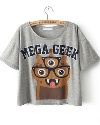 Grey Short Sleeve Mega Geek Monster Print T Shirt