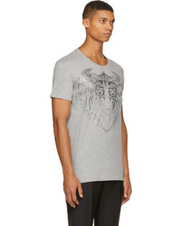 Balmain Grey Silver Warrior Print T Shirt