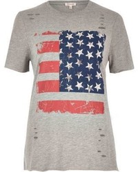 River Island Grey Stud Flag Print T Shirt
