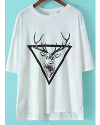 Grey Triangle Deer Print Dipped Hem T Shirt