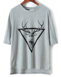 Grey Triangle Deer Print Dipped Hem T Shirt