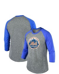 Majestic Threads Heathered Grayroyal New York Mets Current Logo Tri Blend 34 Sleeve Raglan T Shirt