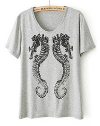 Hippocampus Print Loose Grey T Shirt