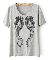 Hippocampus Print Loose White T Shirt
