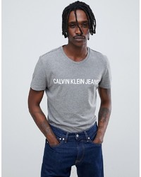 Calvin Klein Jeans Institutional Script Logo T Shirt Slim Fit Grey Heather