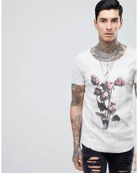 ASOS DESIGN Longline T Shirt With Rose Print In Rib Fabric Marl