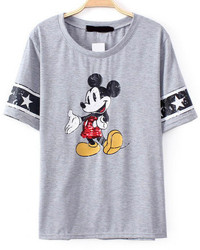 Mickey Print Sequined Grey T Shirt