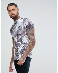Religion Muscle Fit High Neck T Shirt In Blue With Palm Print