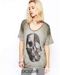 Religion Oversized T Shirt With Giant Skull Print Gray