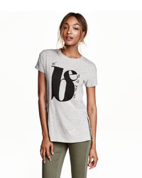 H&M T Shirt With Printed Design Light Gray Melange Ladies