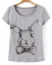 With Diamond Rabbit Print White T Shirt