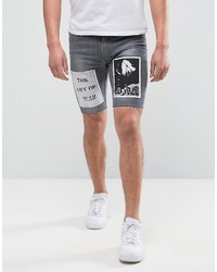 Grey Print Denim Shorts
