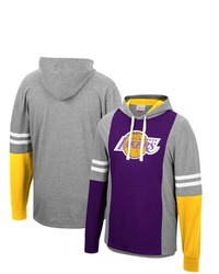 Mitchell & Ness Heathered Graypurple Los Angeles Lakers Color Blocked Long Sleeve Hoodie T Shirt