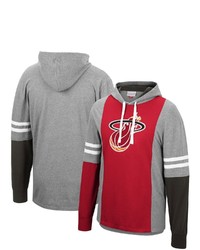 Mitchell & Ness Heathered Grayred Miami Heat Color Blocked Long Sleeve Hoodie T Shirt