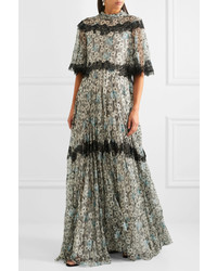 Valentino Open Back Lace Trimmed Printed Silk Chiffon Gown Gray