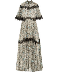 Valentino Open Back Lace Trimmed Printed Silk Chiffon Gown Gray