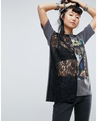 Grey Print Lace T-shirt