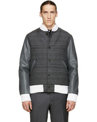 Thom Browne Grey Jacquard Leather Bomber Jacket