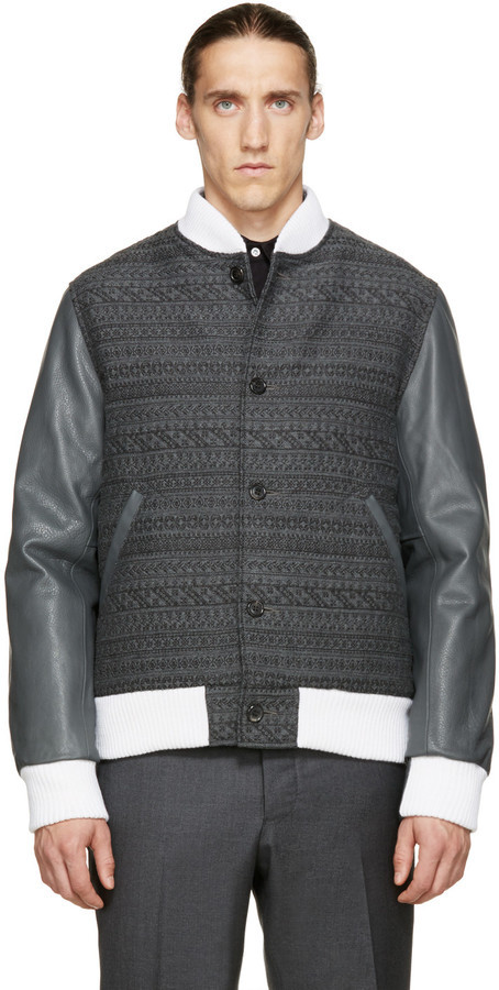 Thom Browne Grey Jacquard Leather Bomber Jacket, $2,100 | SSENSE ...