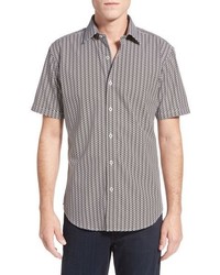 Grey Print Linen Short Sleeve Shirt
