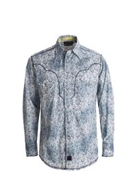 Powder River Outfitters Panhandle Slim 90 Proof Distressed Wash Paisley Print Western Shirt Snap Front Long Sleeve Grey