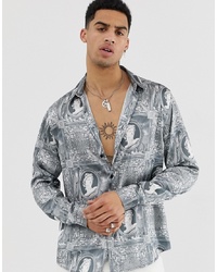 ASOS DESIGN Regular Fit Shirt With Baroque Print In Grey