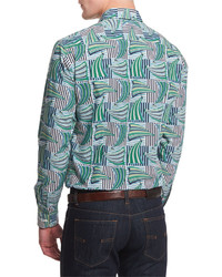 Salvatore Ferragamo Sailboat Print Woven Sport Shirt Green Pattern