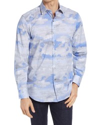 Bugatchi Shaped Fit Watercolor Sky Print Stretch Cotton Button Up Shirt