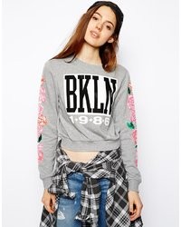 Asos Cropped Sweatshirt With Sporty Number And Floral Sleeve Gray
