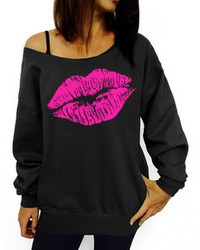 Black Scoop Neck Lipstick Print Sweatshirt