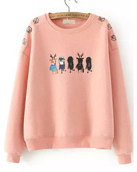 Cartoon Print Embroidered Pink Sweatshirt