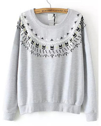Grey Round Neck Bead Cats Print Sweatshirt