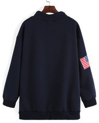 Lapel Zipper Flag Print Loose Navy Sweatshirt