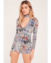 Missguided Petite Grey Floral Printed Choker Neck Romper