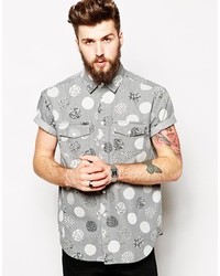 Asos Brand Oversized Denim Shirt In Short Sleeve With Large Polka Dot Print