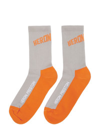 Heron Preston Grey And Orange Logo Socks
