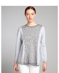 Cynthia Rowley Heather Grey And Pale Blue Printed Wool Crewneck Sweater