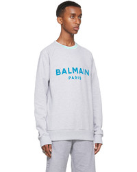 Balmain Grey Blue Flocked Logo Sweatshirt
