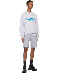 Balmain Grey Blue Flocked Logo Sweatshirt