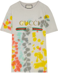 Gucci Printed Tie Dyed Cotton Jersey T Shirt Light Gray