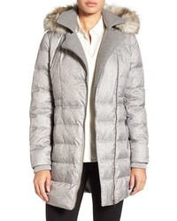 Catherine Catherine Malandrino Print Quilted Coat With Faux Fur Trim
