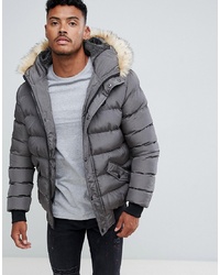 Siksilk Puffer Jacket With Faux Fur Hood In Grey