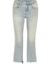 R 13 R13 Kick Fit Cropped Distressed Mid Rise Flared Jeans Light Denim