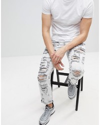 ASOS DESIGN Asos Slim Jeans In Acid Wash Grey With Heavy Rips And Check Patches