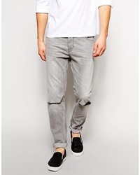 Asos Brand Slim Jeans In Gray Wash With Rip